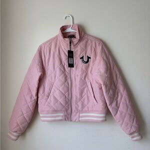 NWT True Religion Quilted Bomber Jacket Embroidered Patch Pink Medium